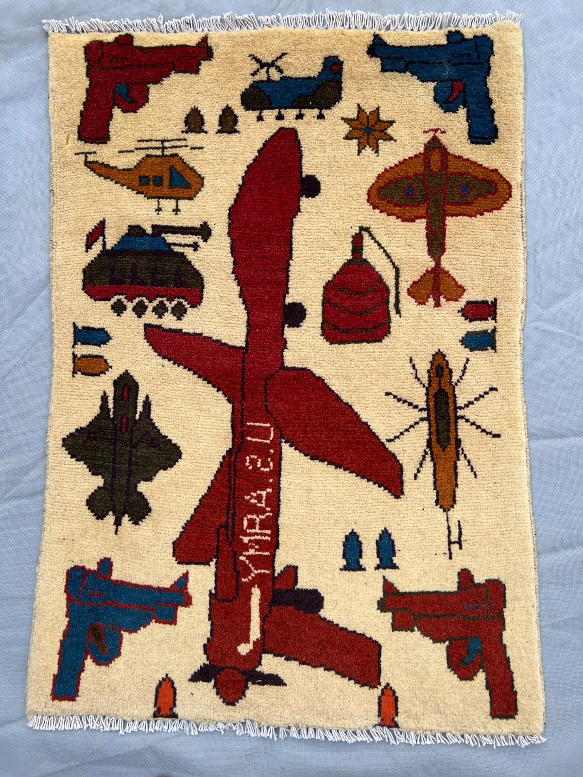 1’11 x 2’8 Ft Afghan War Rug US Army Fighter Plane Pictorial Tribal Wool Carpet