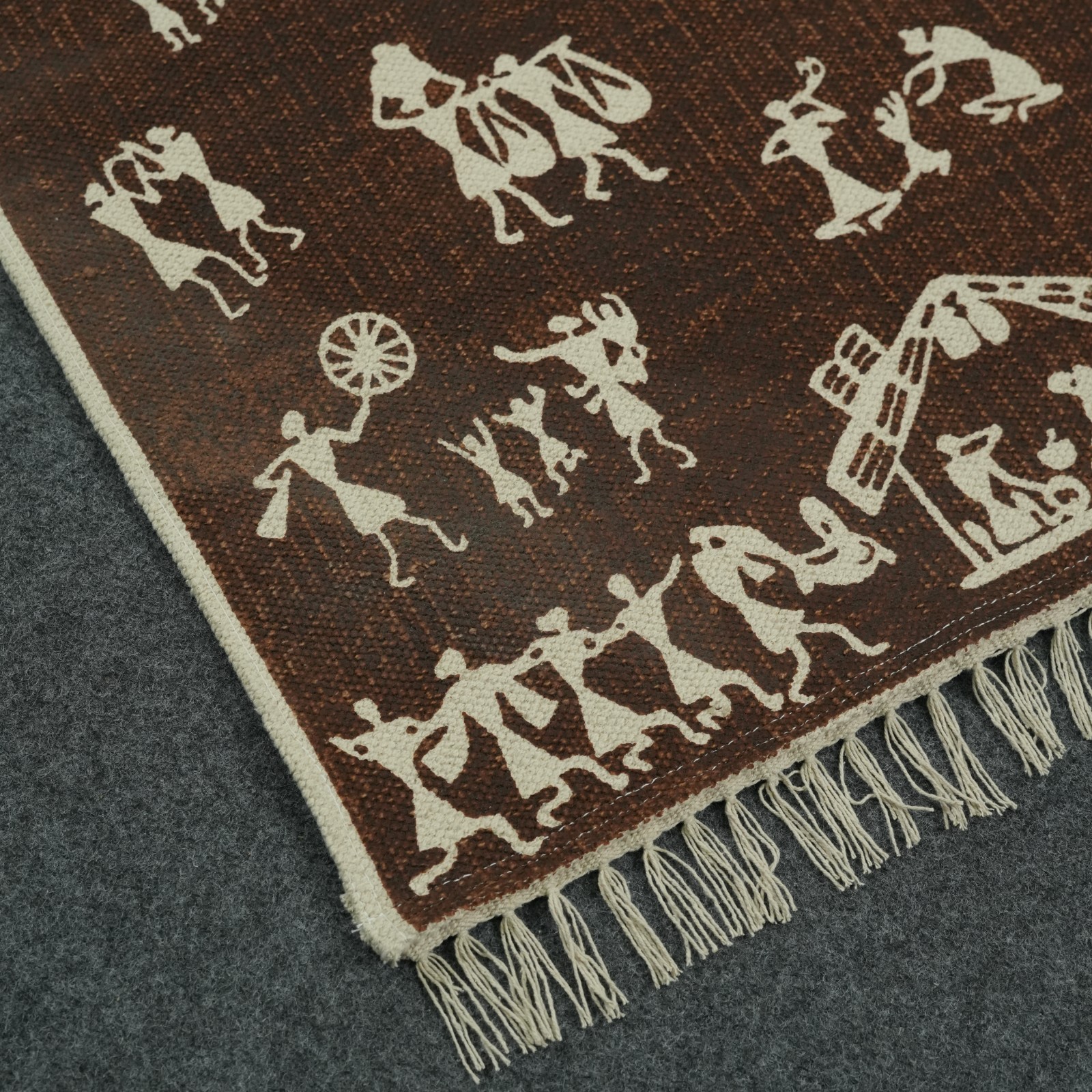 Hand Block Printed Warli Tribal Cotton Area Rug Brown Boho Flat Weave 4×6 Rug
