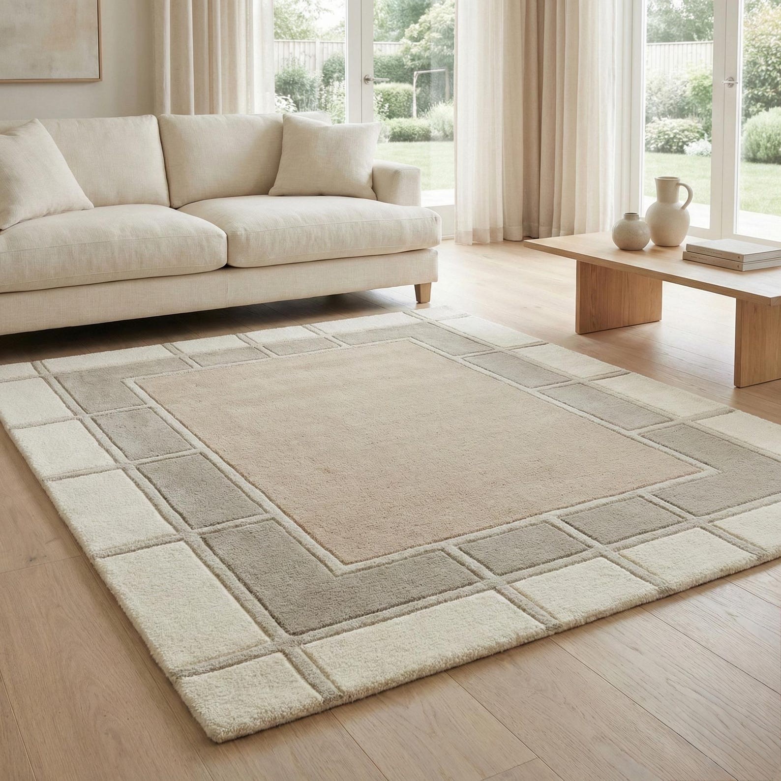 Handmade Modern Wool Rug Beige Cream Geometric Border Large Area Rug Home Decor