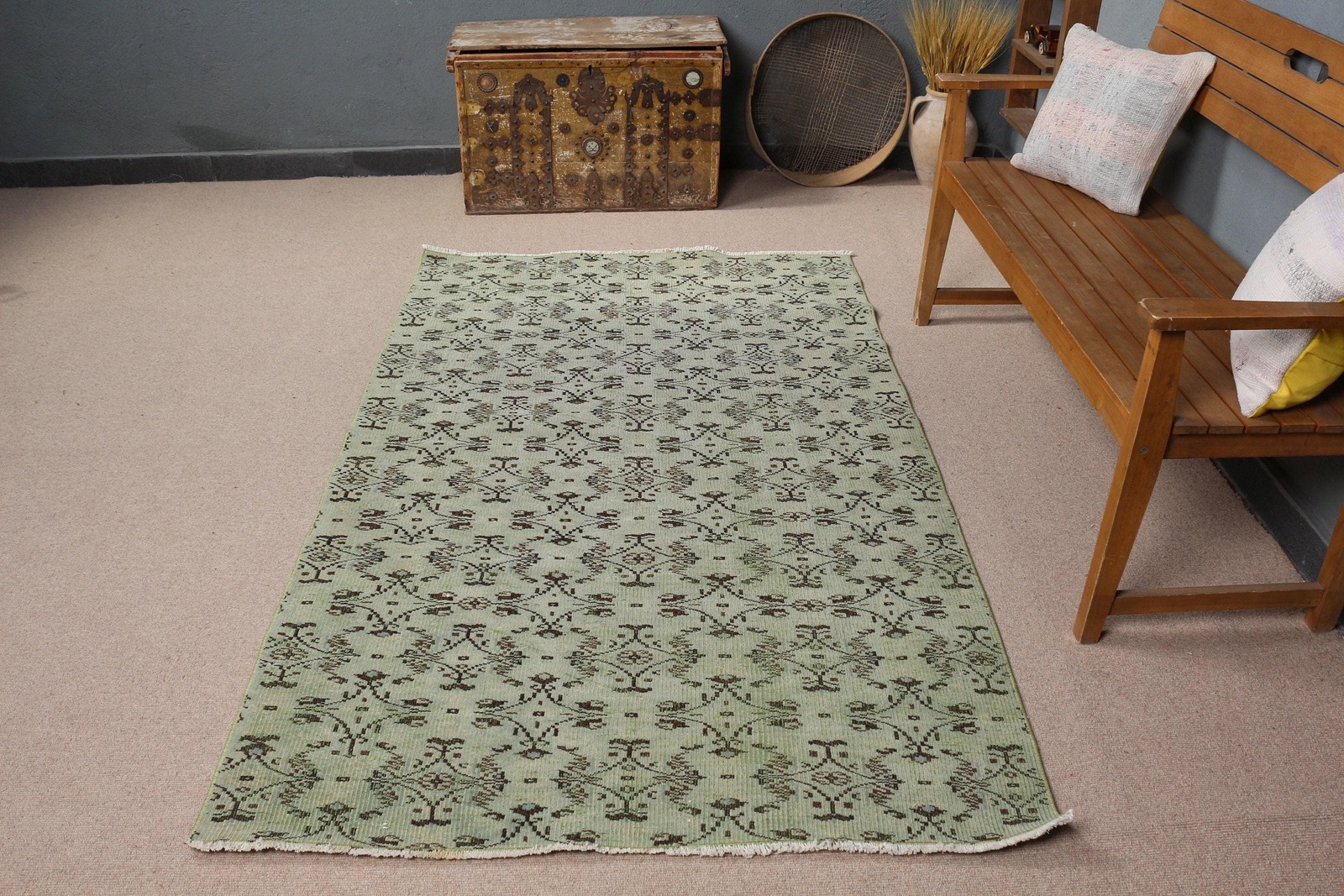 Turkish 4,1×6,7 ft Rug, Area Vintage Rug, Green Brown Ikat Wool Rug