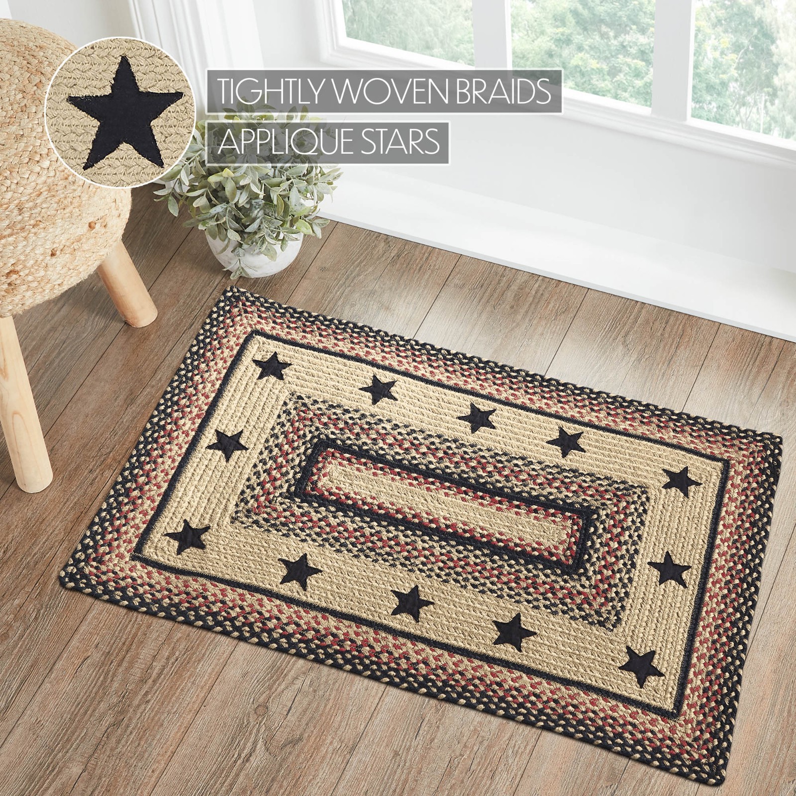 VHC Colonial Appliqued Star Primitive Country Rectangle Braided Rug