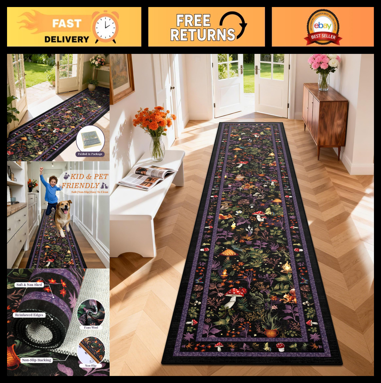 Botanical Animal Print 2x10ft Non-Slip Hallway Runner Rug – Washable Thin Entryw