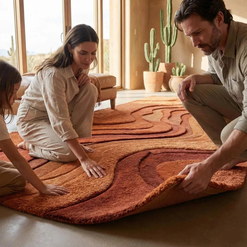 Hand-Tufted Desert Wave Wool Rug Sculpted Sand Dune Design in Terracotta Carpet
