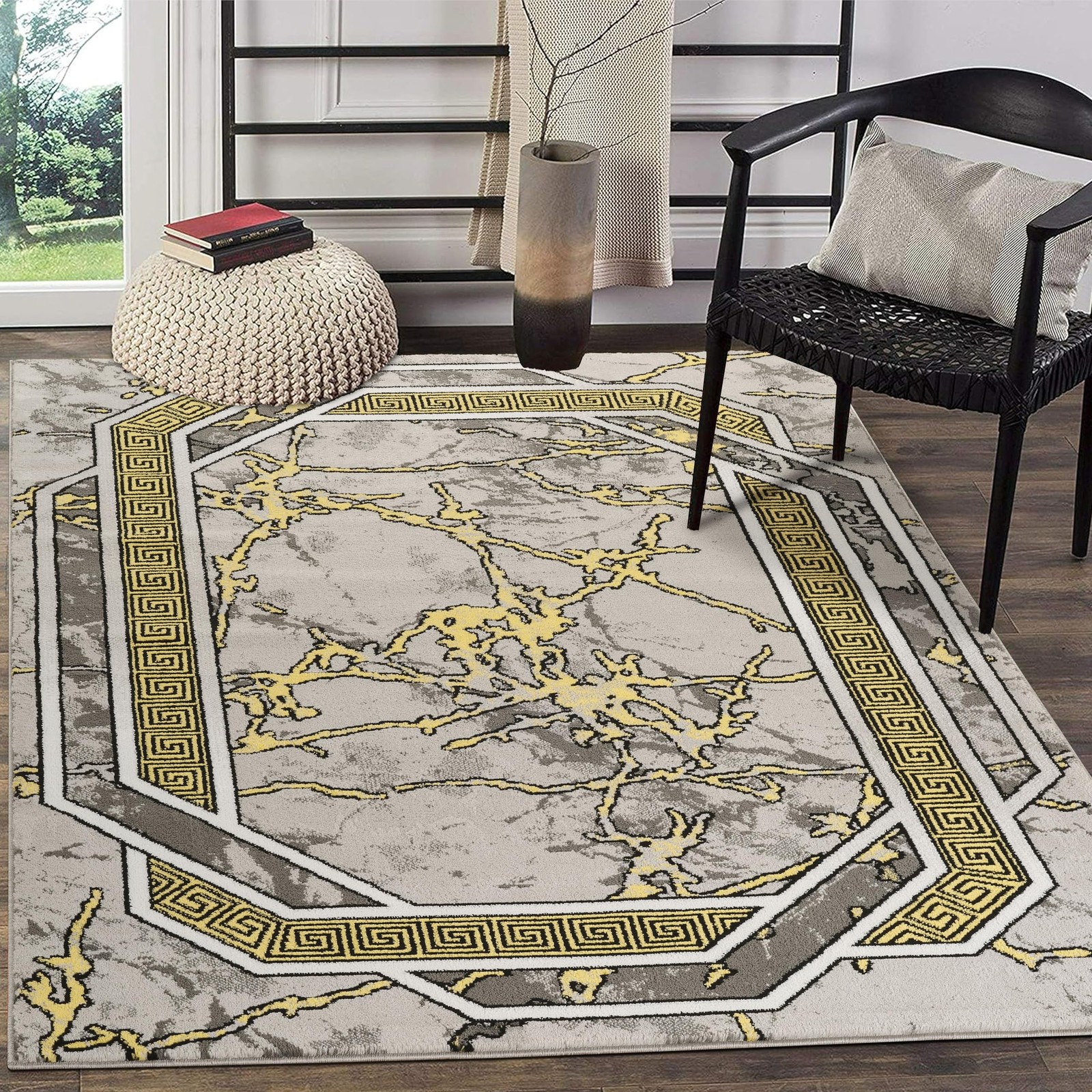 Area Rug Modern 2×7 Runner Yellow Grey White Black Marble Soft Contemporary F…
