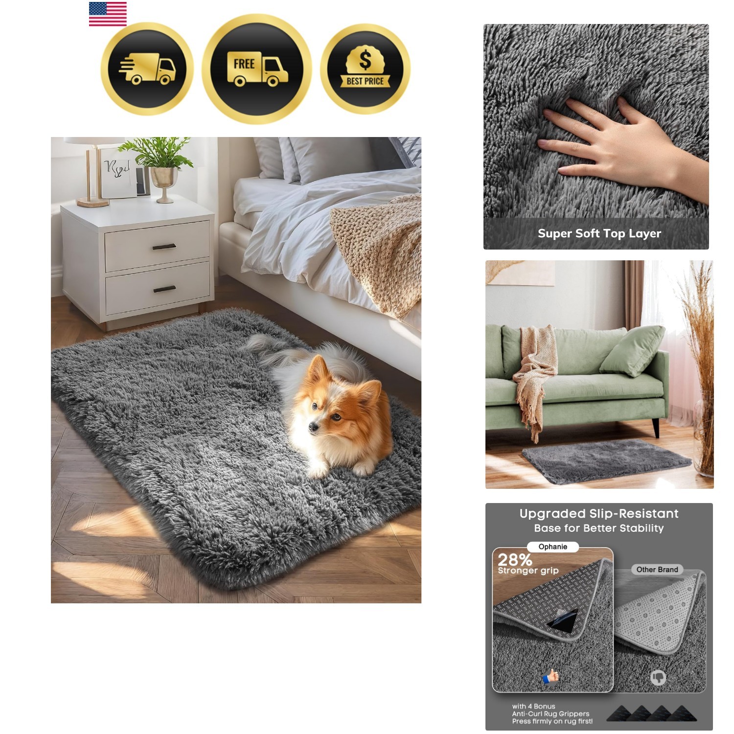 Small Rug Upgrade Non Slip Throw Bedside Area Rugs, Fluffy Soft Grey Mini Bed…