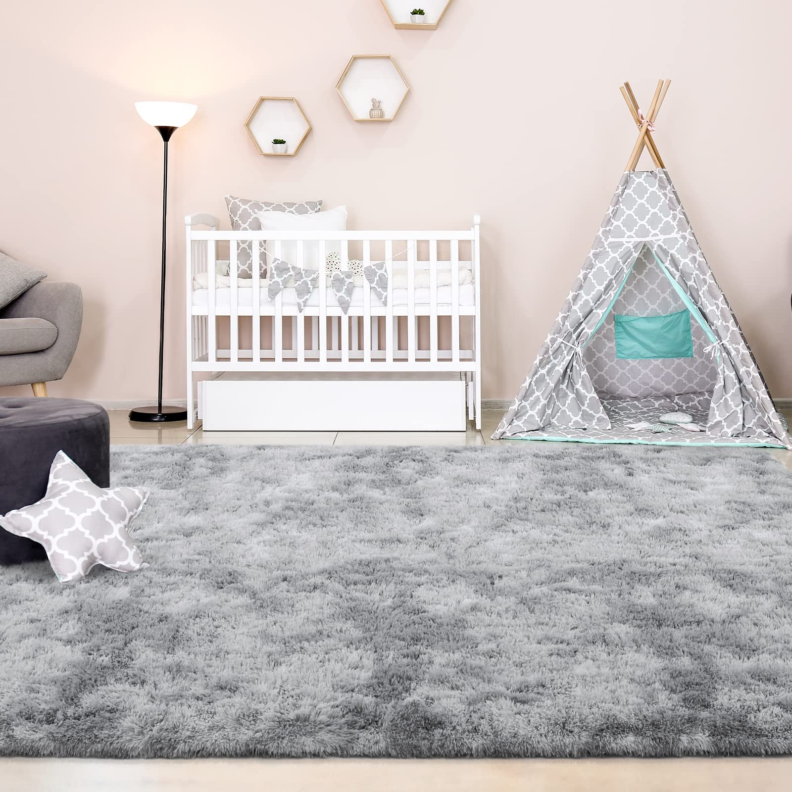 Large Area Rug 5×8 Feet Ultra Soft Plush Light Grey Tie-Dyed – Cozy Living Room