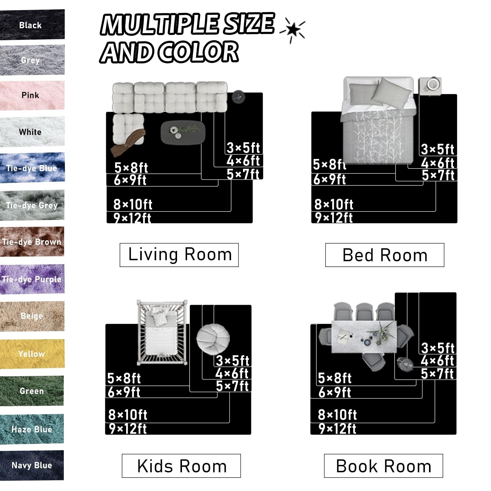 8×10 ft Black Fuzzy Rug for Living Room Soft Fluffy Bedroom Area Rugs Non-Sli…