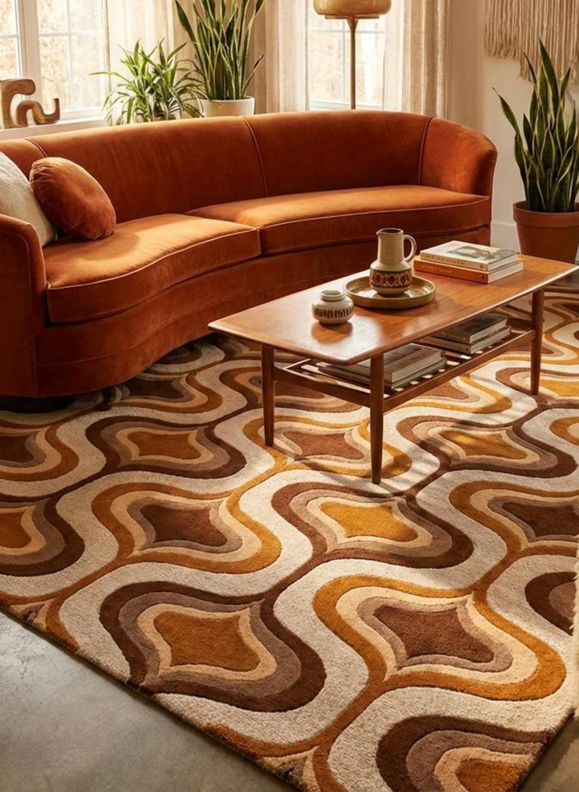 Modern Retro Abstract Area Rug Brown Beige Wave Pattern Soft Living Room Carpet