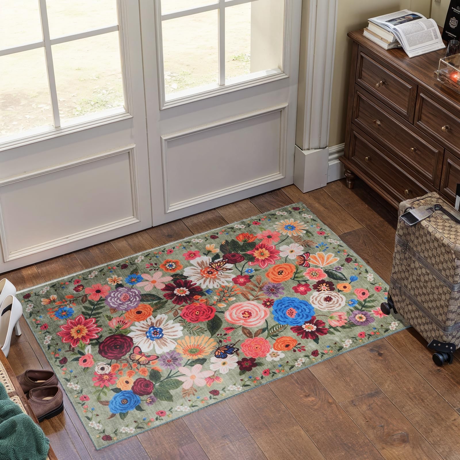 Green Floral Area Rug 2 x 3 for Entryway Bedroom 2′ x 3′ (Rectangular),