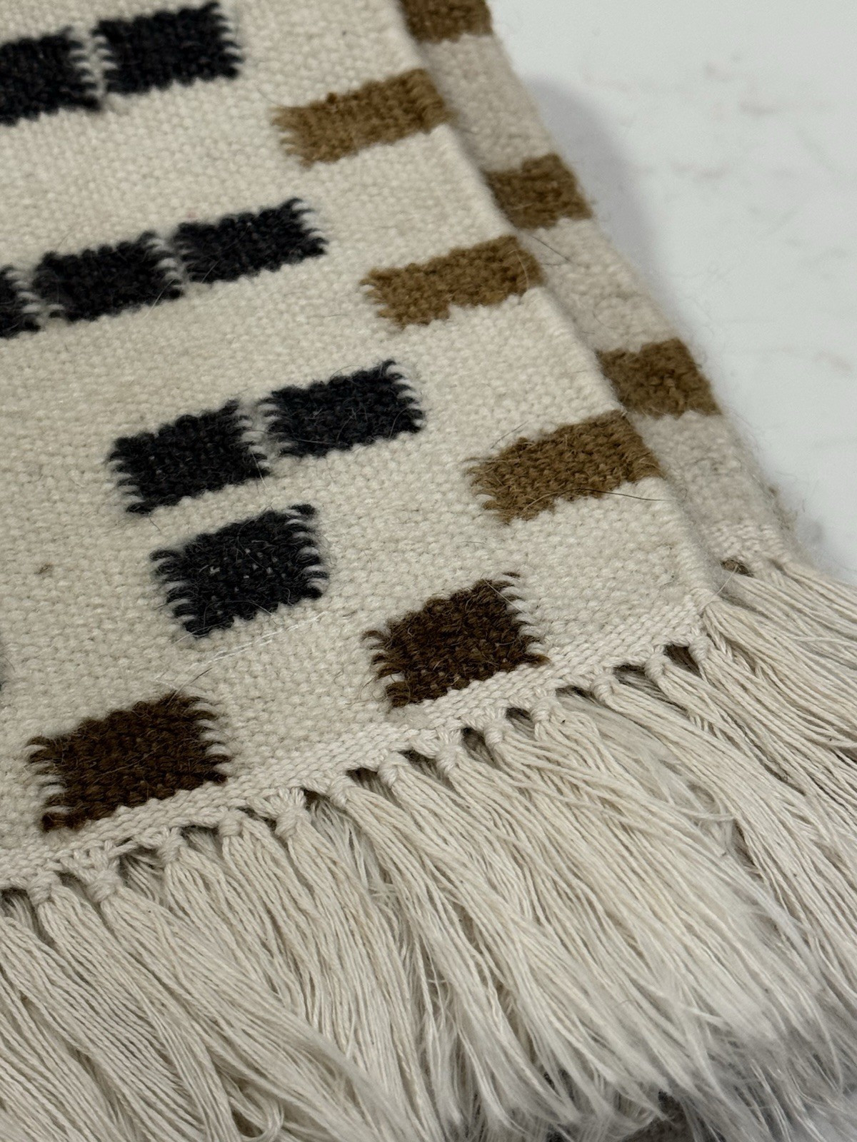 Wool Geometric Abstract Runner Rug Carpet 32”x83” Grey Crème Gold Brown Fringe D