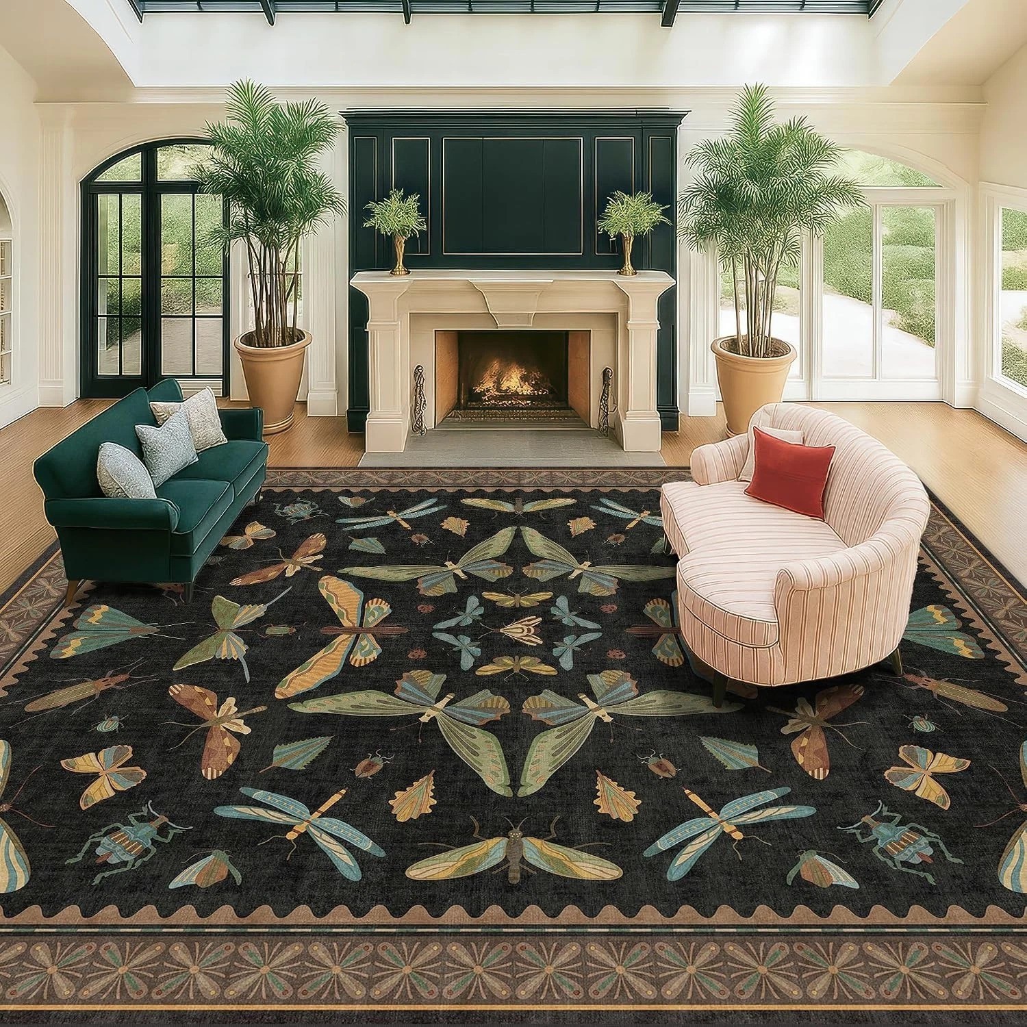 Black Washable Insect Area Rug 8×10 Living Room Bedroom Dining Room Whimsical