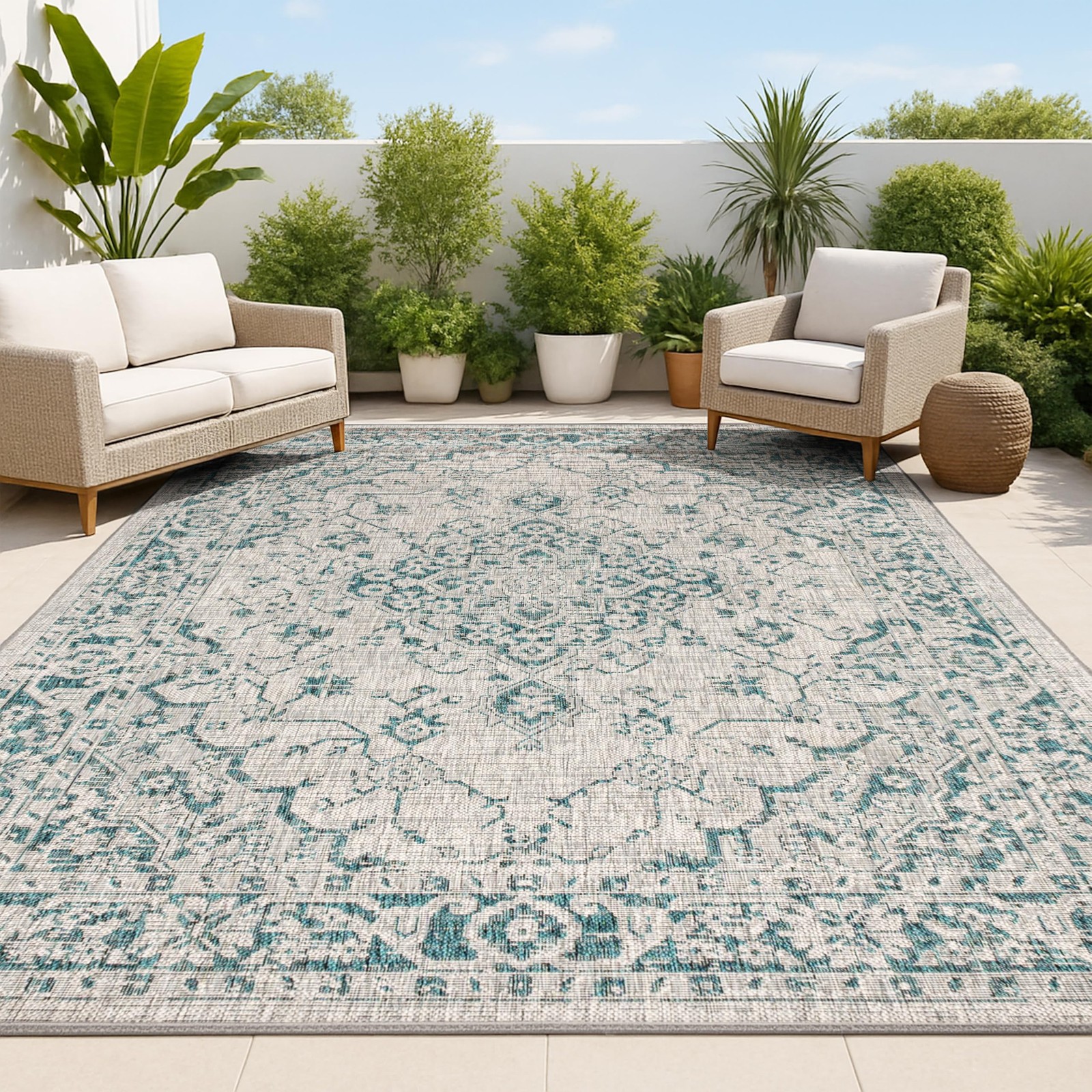 Jonathan Y Boho Medallion Indoor Outdoor Area Rug 4X6 Gray/Teal Rozetta