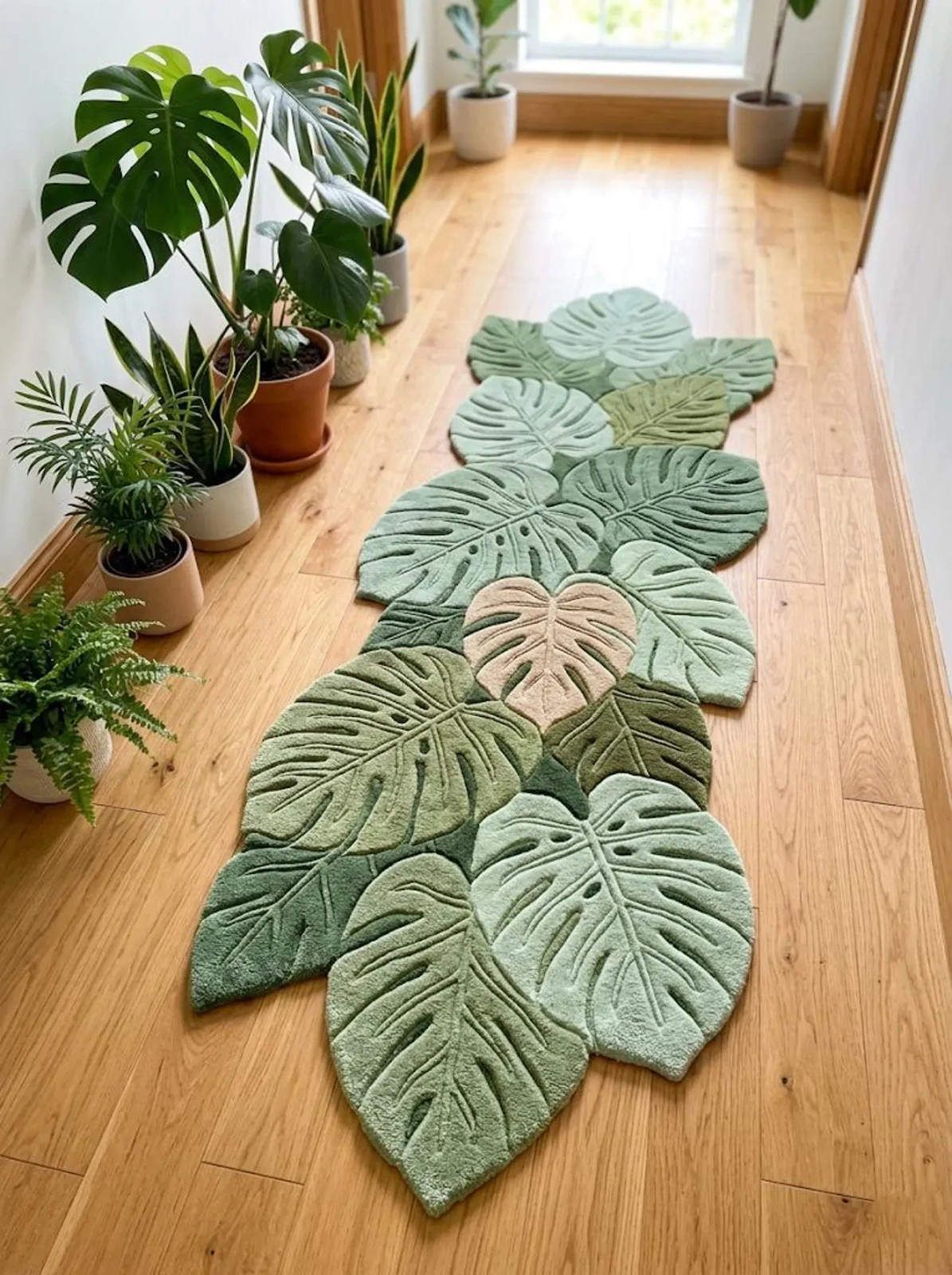Monstera Leaf Runner Rug, green Hand Tufted Wool Botanical Runner Carpet modern