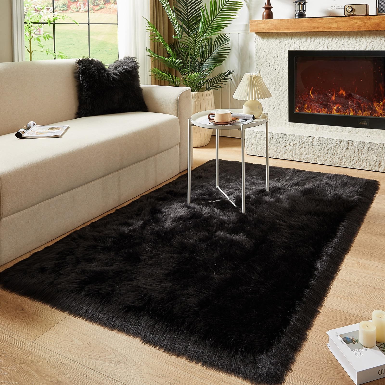 AMTOVO Faux Fur Sheepskin Rug for Living Room, 4 x 6 ft Black Fluffy Area Rug…