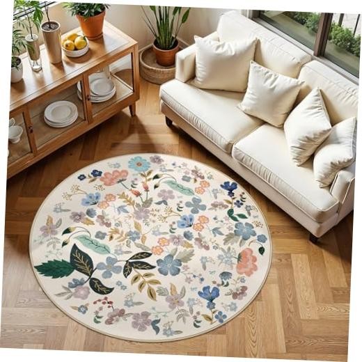 Washable Floral Round Rugs for Bedroom – 4×4 Feet Circle Area Rugs for Living