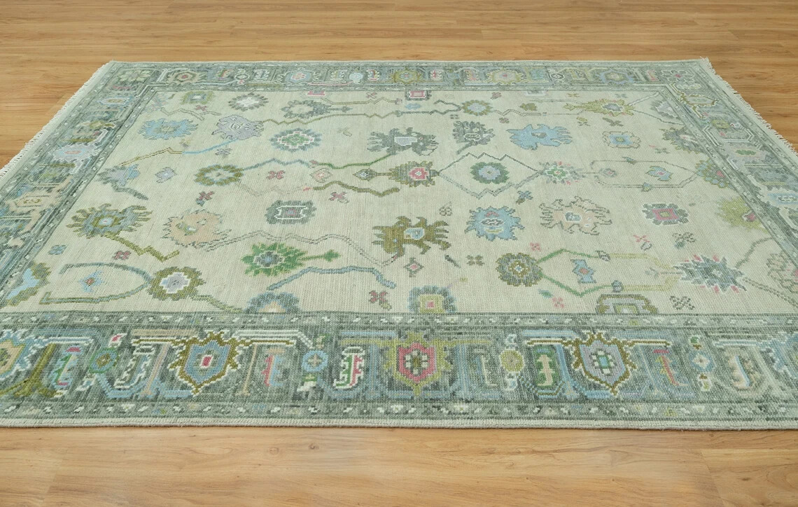 9’x12 Oushak Rug Contemporary Pastel beige Gray Floral Rug with Color Pop