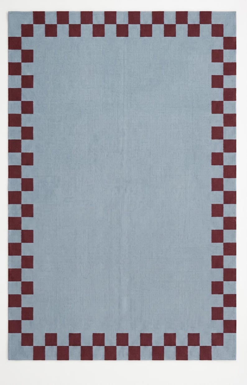 Blue Scandinavian Swedish Kilim Tile Rug Handmade Flat weave Boho Large Area Rug