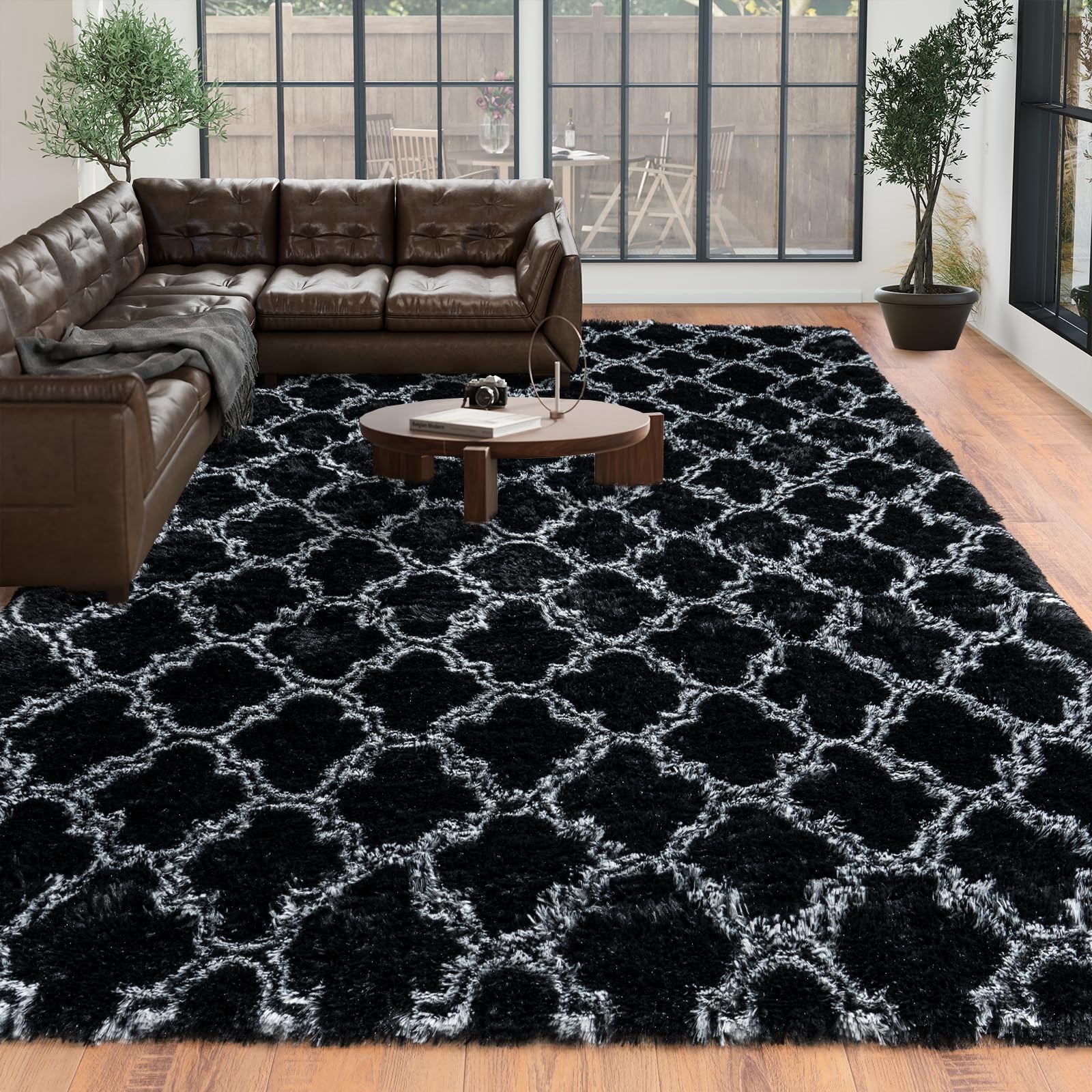 8×10 Area Rug Black and White Soft Fluffy Non-Slip for Living Room – Modern