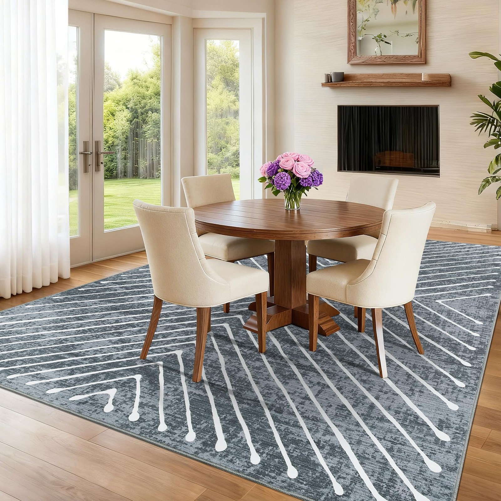 Area Rug 8×10 Geometric Striped Washable Non Slip – Modern Low Pile for Living