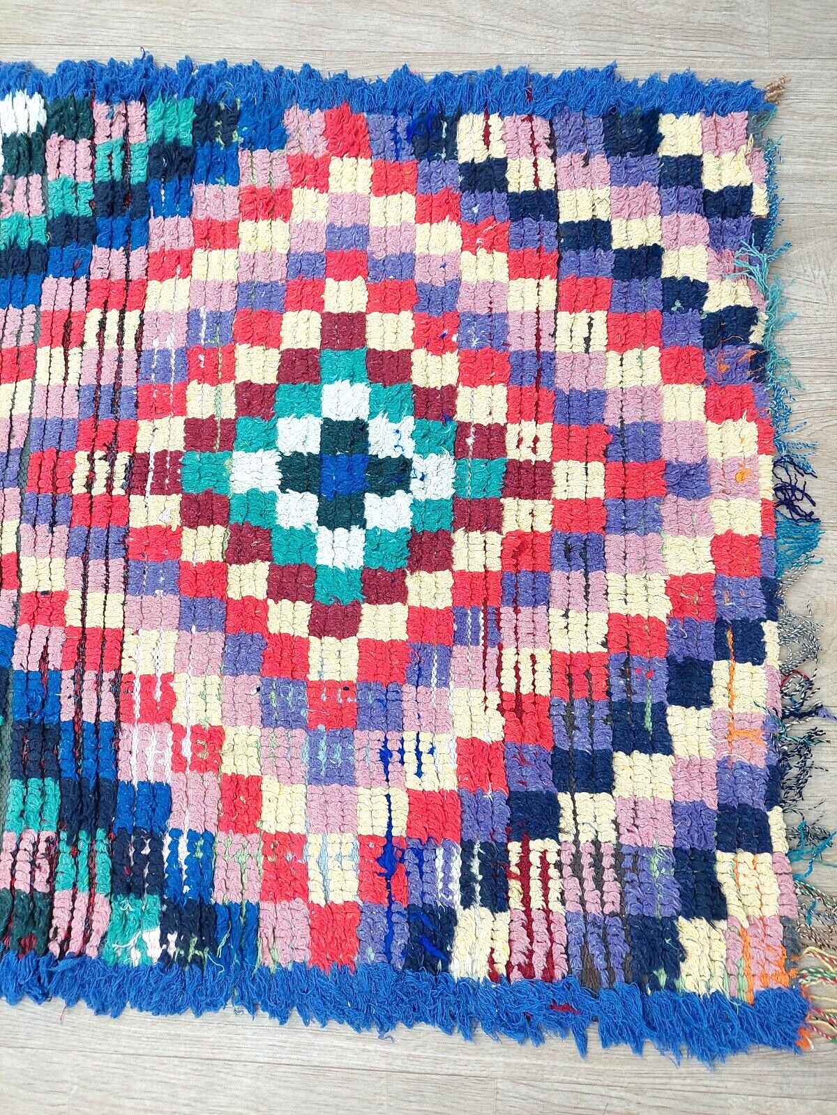 Vintage Moroccan Berber Area Rug 3×5 Colorful Blue Geometric Tribal Runner Rugs