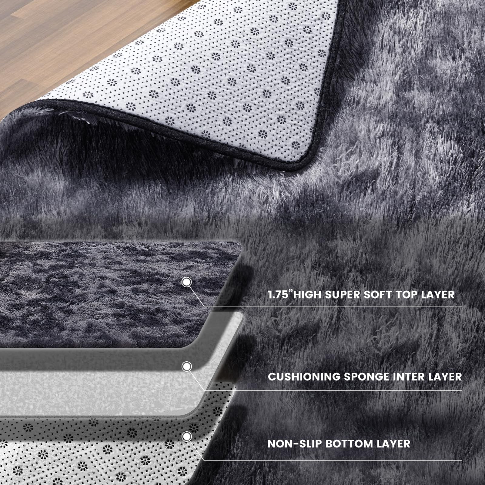 9X12 Feet High Pile Tie-Dye Rug, Dark Grey, Area Rug for Living Room, Plush S…