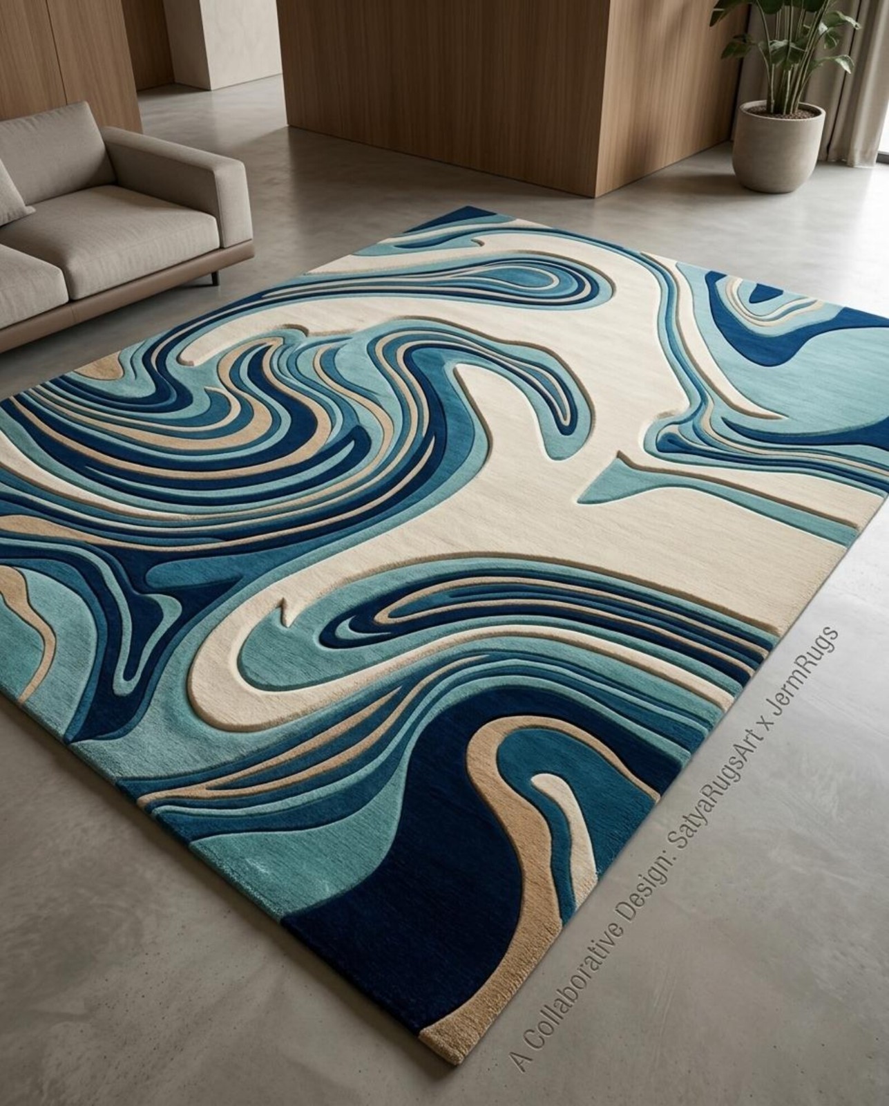 Modern Abstract Wavy Rug Teal Navy Cream, Handmade Hand Tufted Carpet for Living