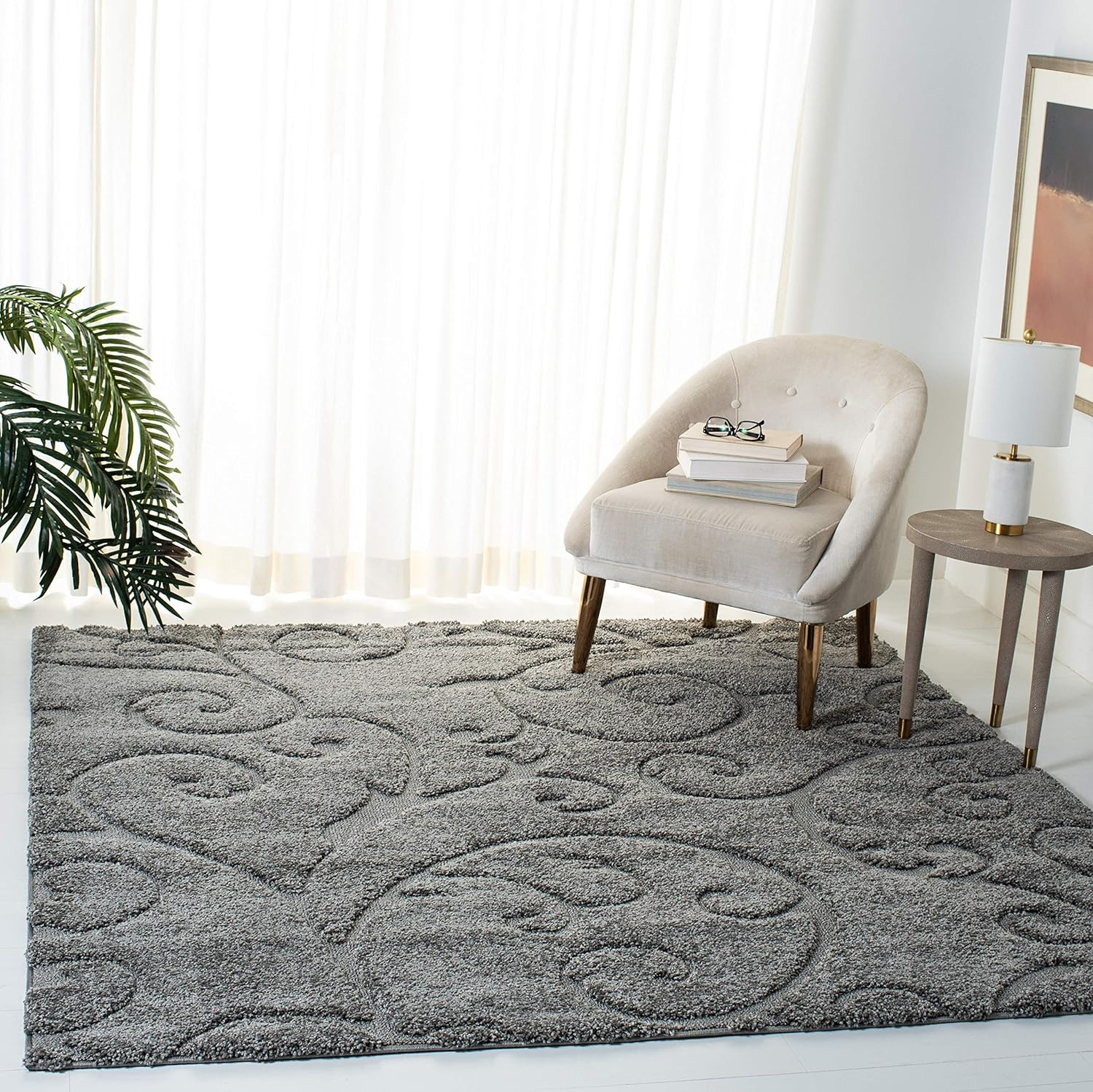 SAFAVIEH Florida Shag Collection Area Rug – 6’7″ Square, Grey, Scroll Design, No