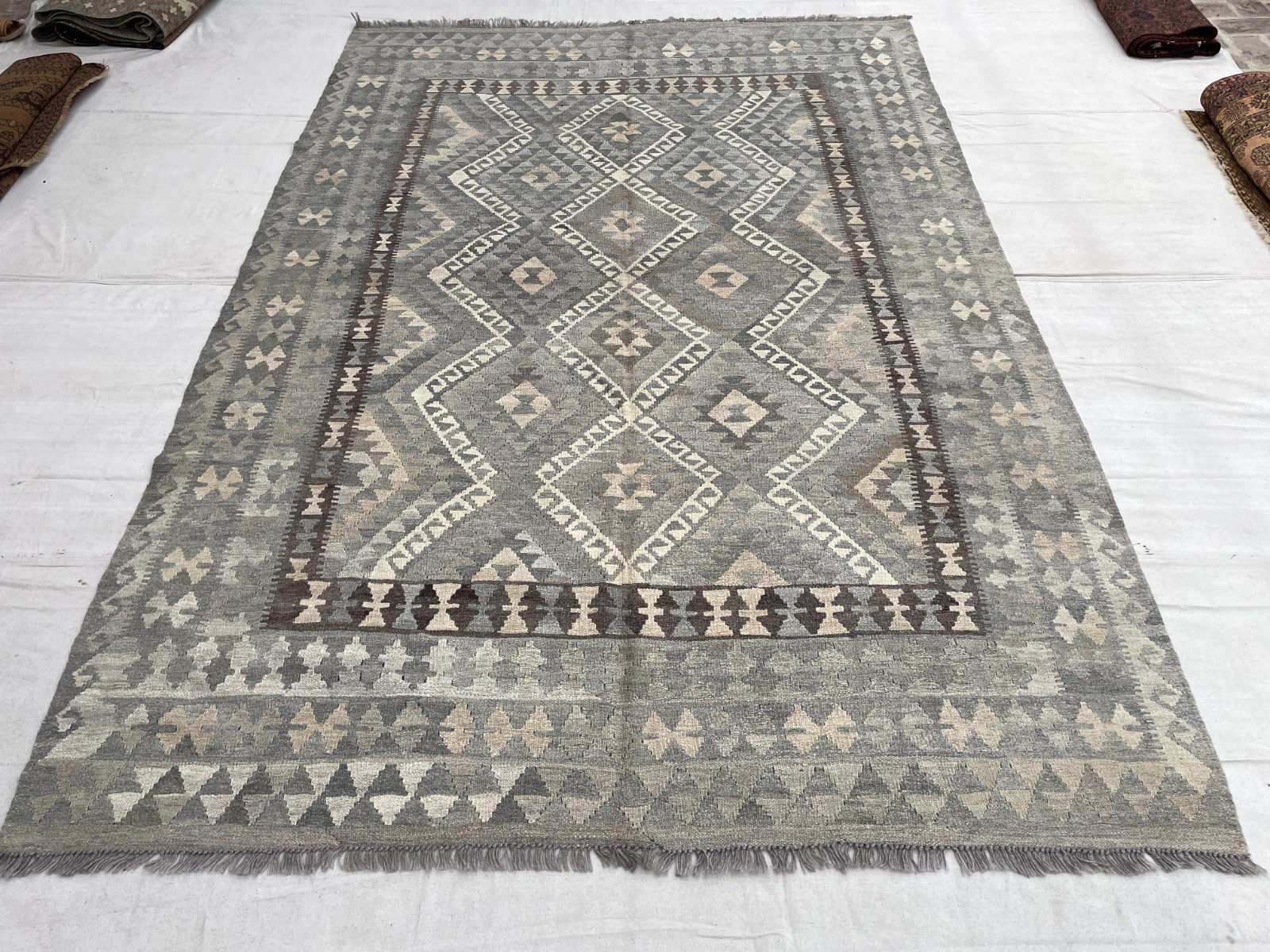 6’5 x 9’7 Ft Elegant Neutral Chobi Kilim Rug – Afghan Handmade Flatweave Tribal