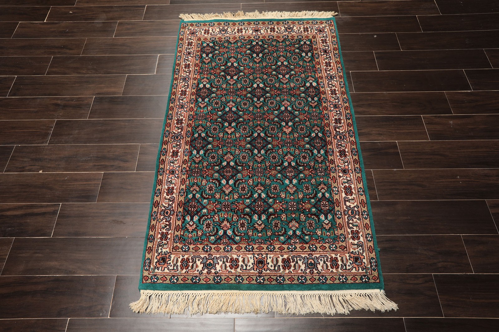 Indo Kashaan Traditional Plush Pile Rug 3×5 Hand Knotted Wool Green, Ivory