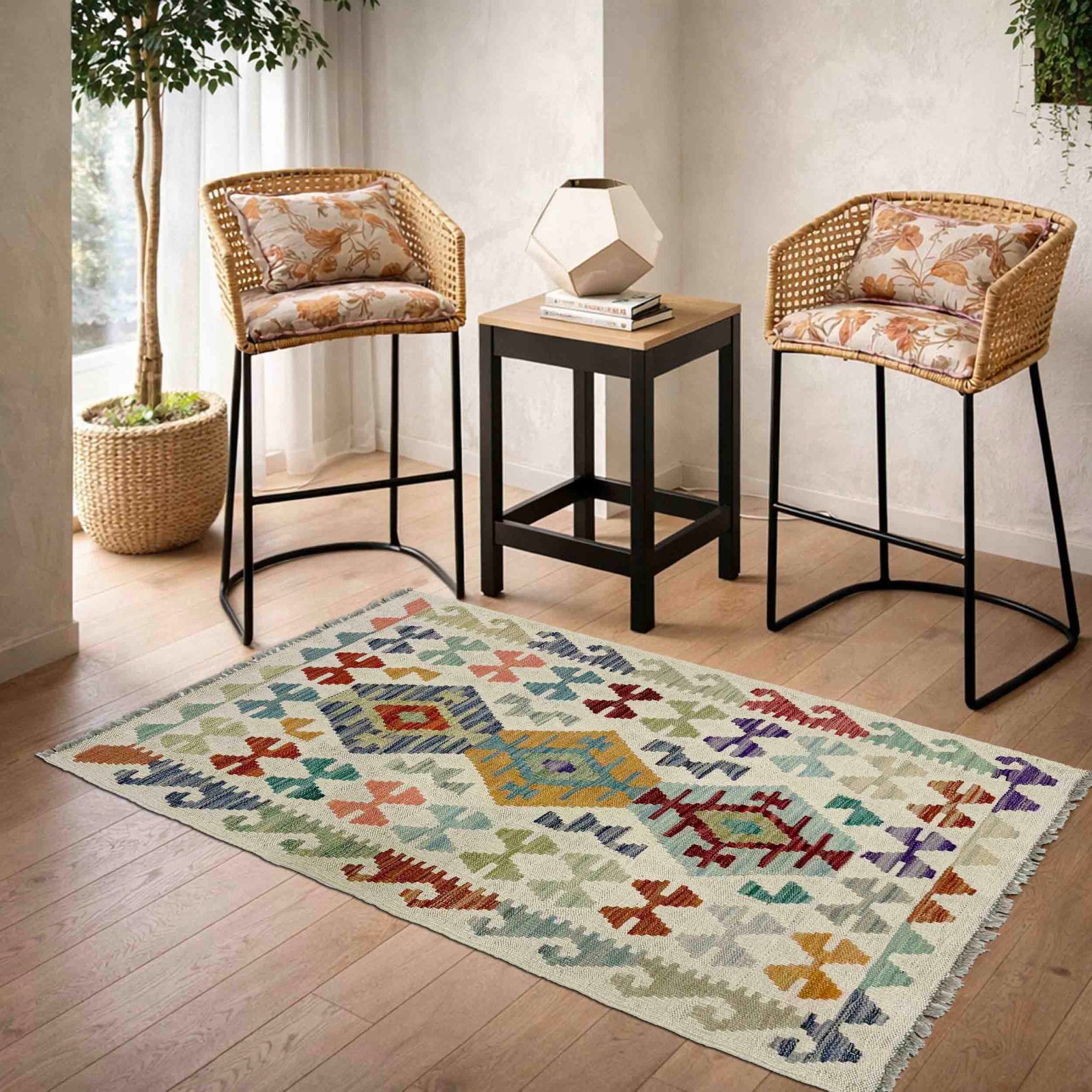 New Afghan Handmade White Rugs Kilim Flat Woolen Tribal Carpet 2.6×4.0 Ft R38338