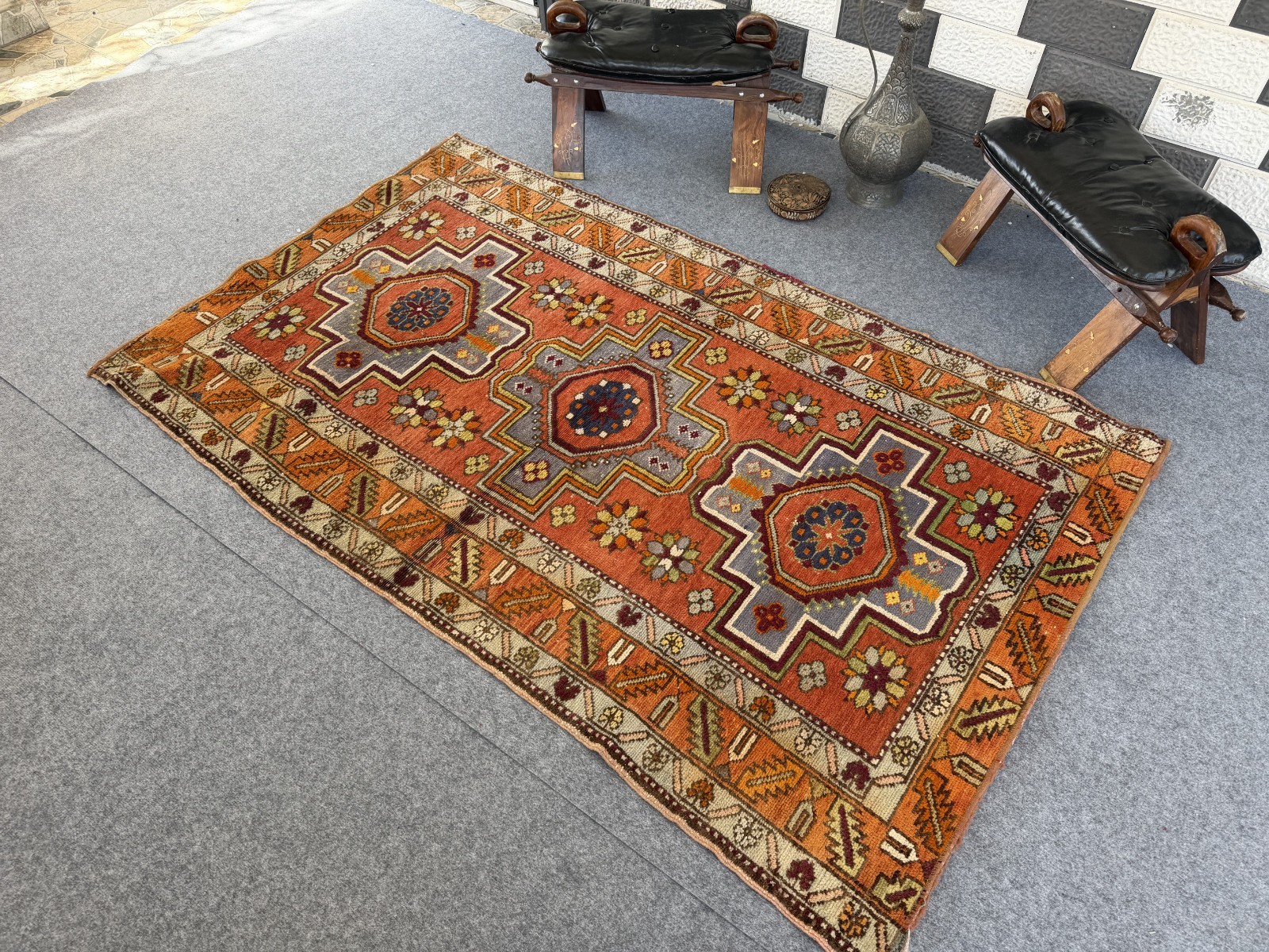 Vintage Caucasian Rug 4×7 Handmade Wool Rug Geometric Tribal Medallion Kazak Rug