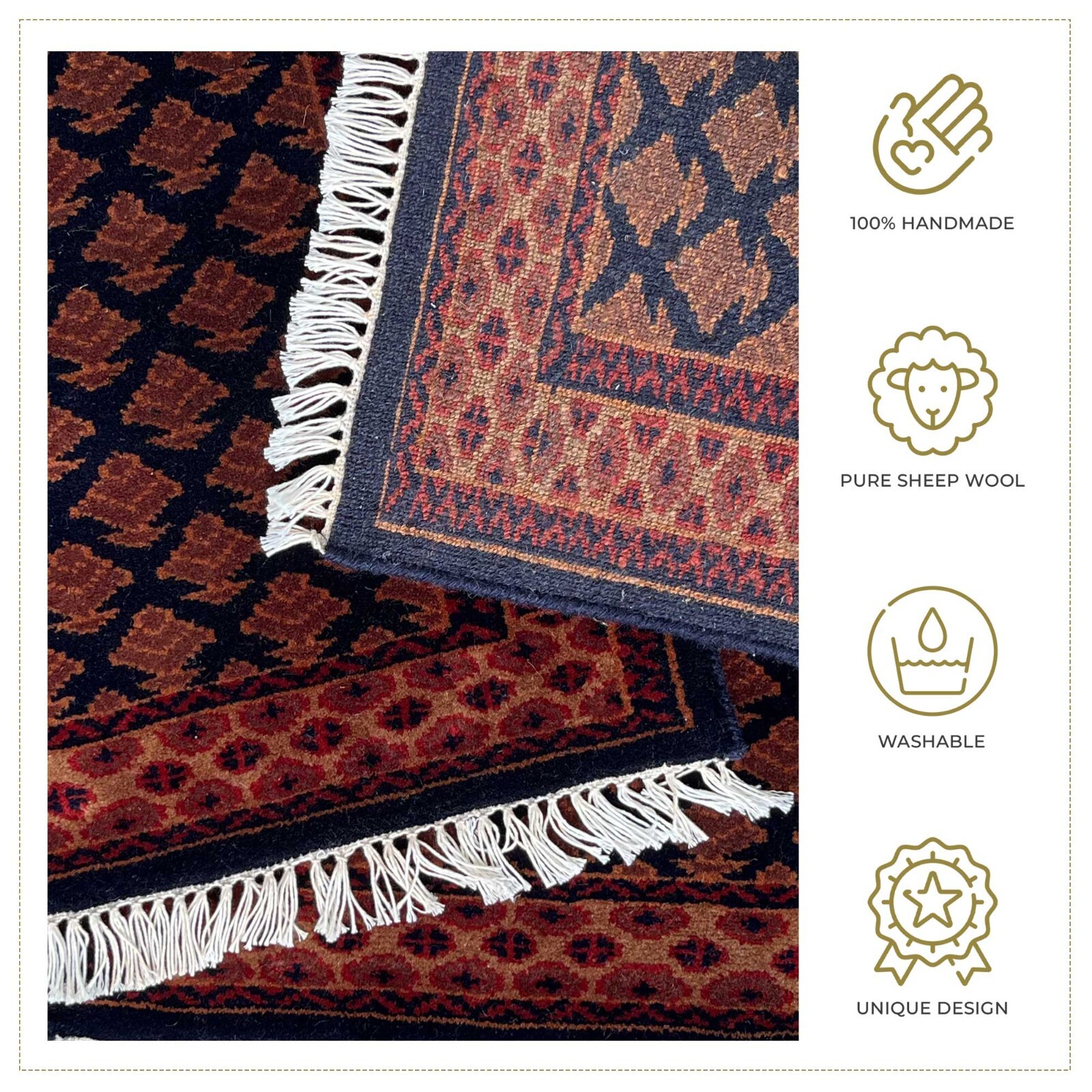 Handmade Hand Knotted Woolen Rug 2×2 feet (60×60 cm) Lichi Black Pair