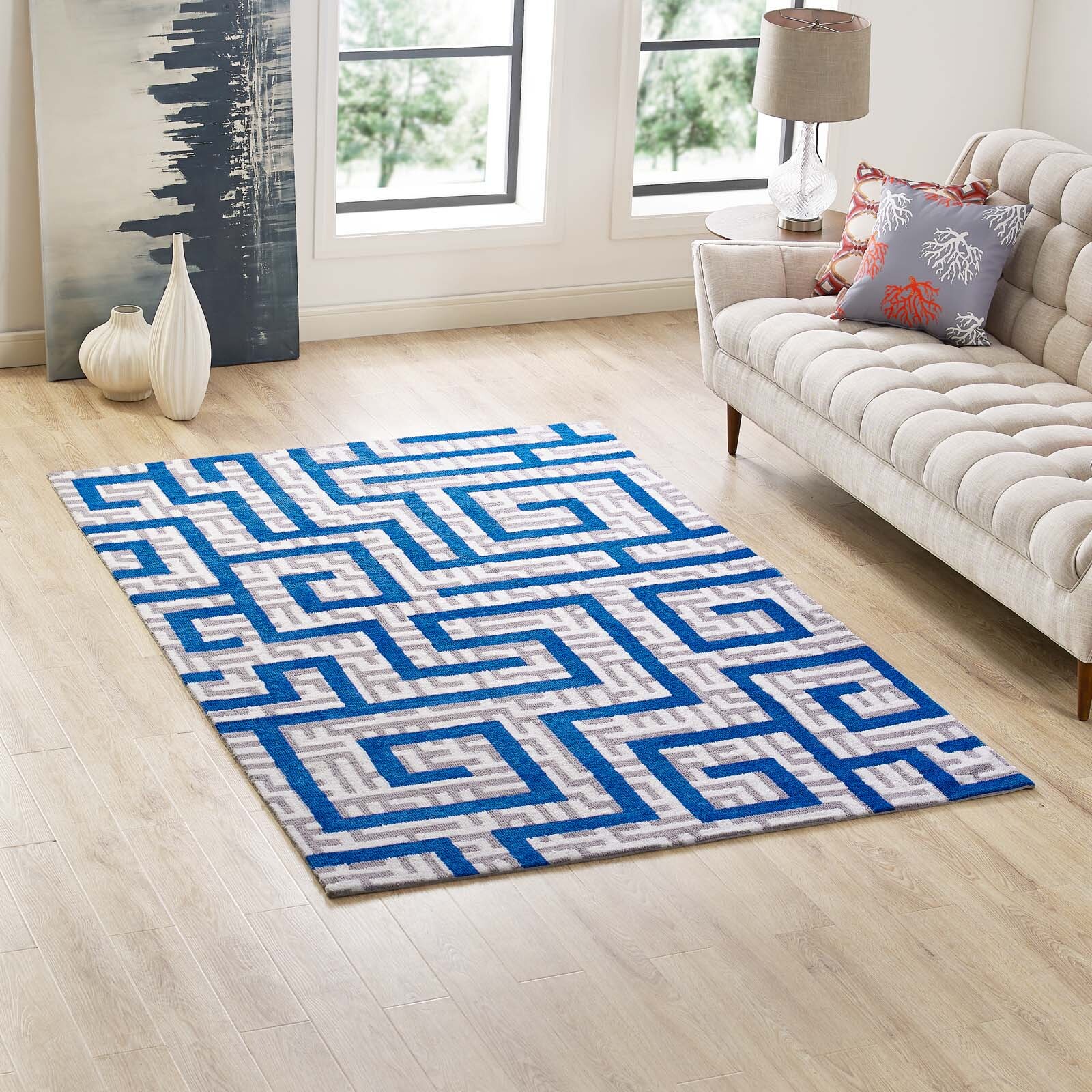 Geometric Maze Microfiber 5×8 Area Rug in Ivory, Light Gray and Blue