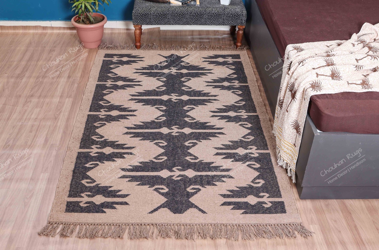 Natural Black wool jute rug handwoven vintage kilim rug boho large area rug