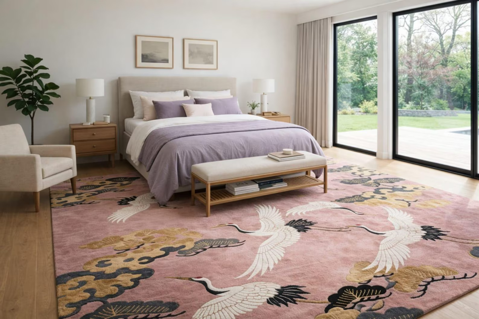 Hand-Tufted Wool Crane Rug – Pink Gold Chinoiserie Oriental Bird Floor Decor Rug