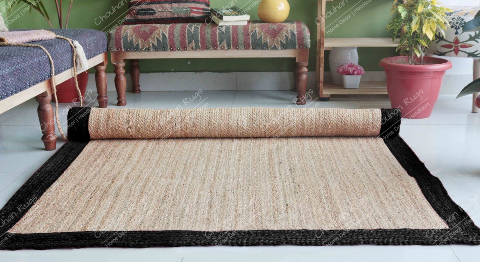 Home Décor Rug, Beige Rectangle Jute Rug With Black Border, Eco Friendly Rug