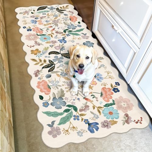 Hallway 2×5 Washable Runner Rug: Stain Resistant Floral Scalloped Rug for
