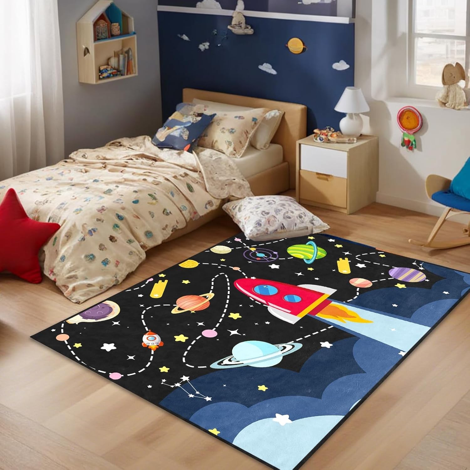 Space Rug for Boys Room – Outer Space Rug for Bedroom Solar System Planet Theme