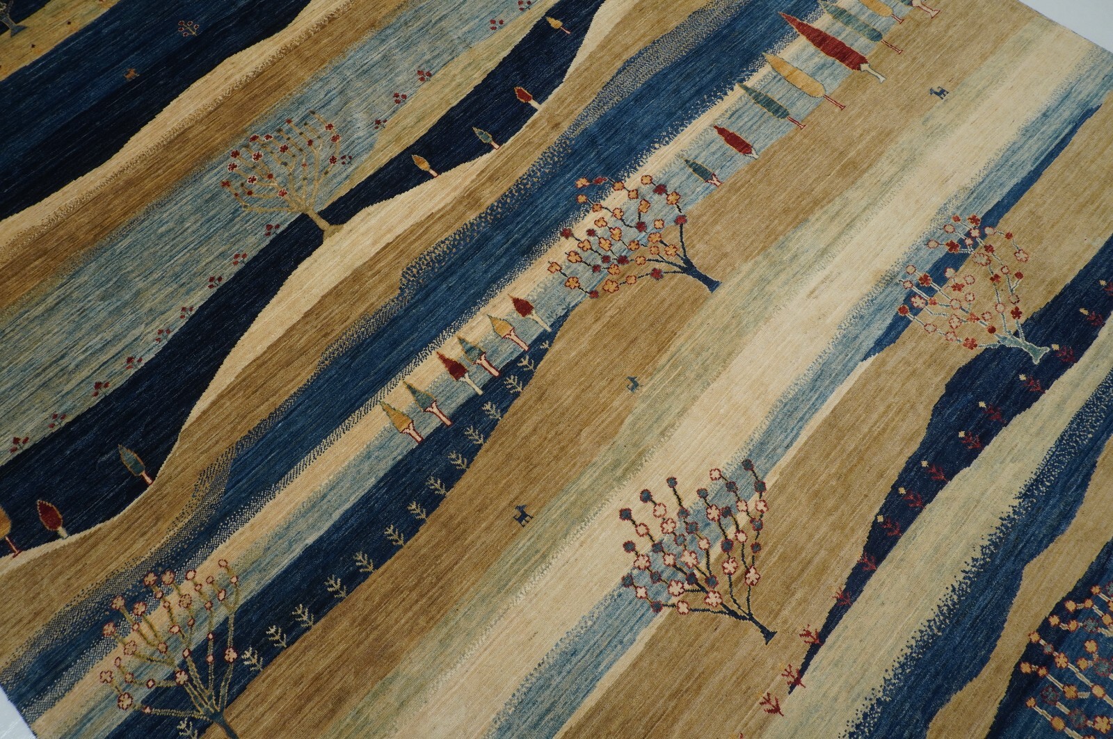 9 x 12 ft Navy Blue Beige Landscape Gabbeh Tribal Afghan Hand Knotted Area Rug