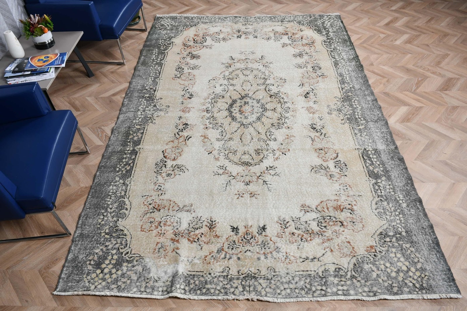 6,7×10,1 ft Turkish Rug, Large Vintage Rug, Gray Ombré Rug