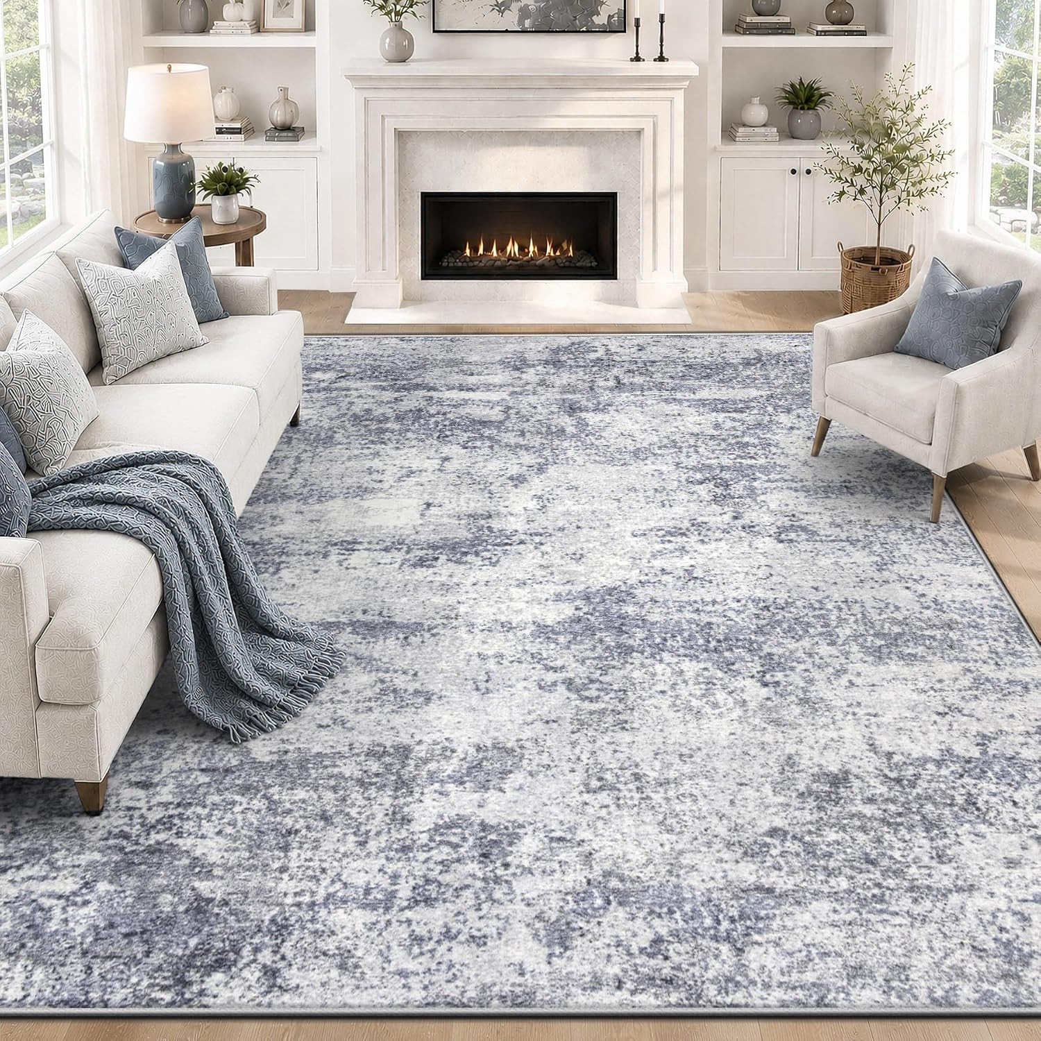 8X10 Area Rugs for Living Room: Washable Abstract Rug Blue Grey | Modern Neutral