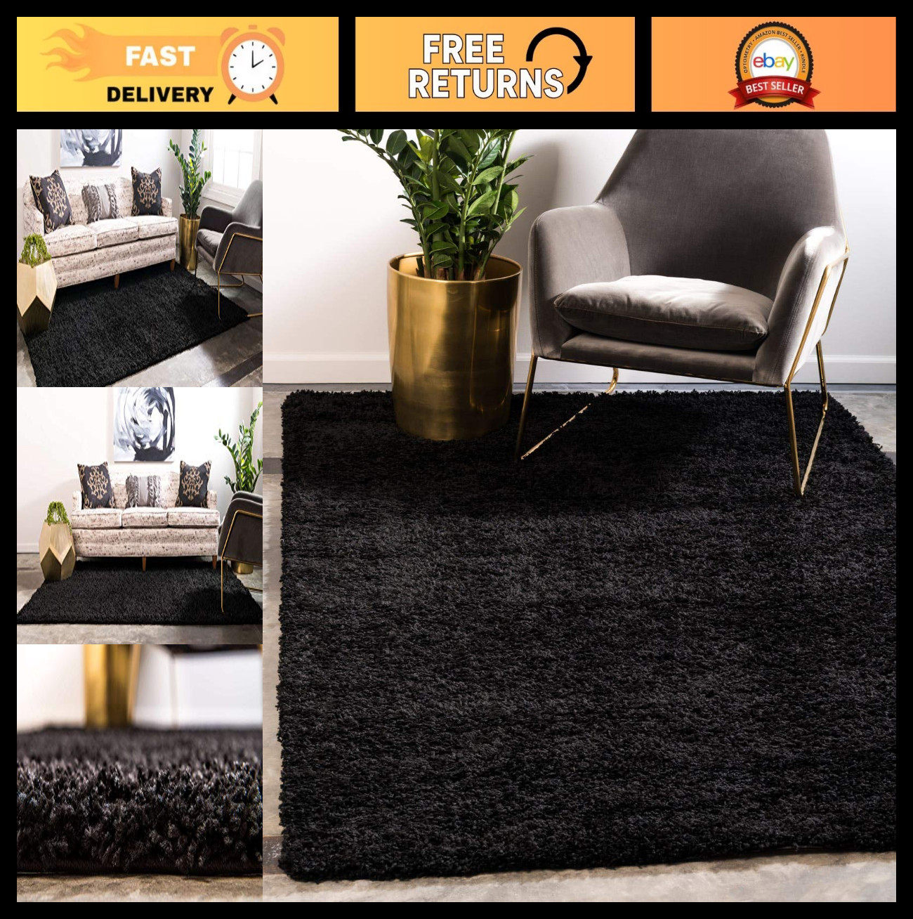 Solid Shag Area Rug 5’1″ x 8′ Rectangle, Soft Plush Carpet, Jet Black Home Decor