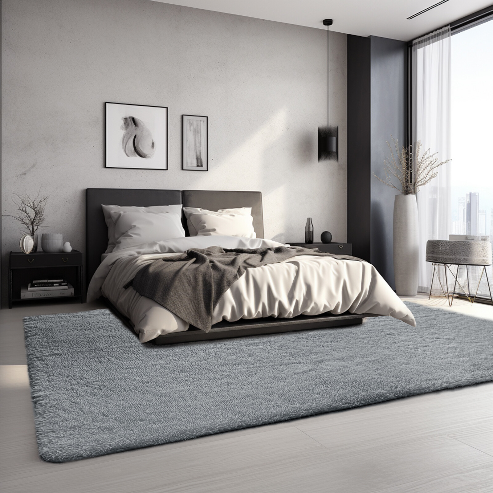 Fluffy Large Area Rugs Shaggy Soft Floor Carpets Living Room Bedroom Light Grey