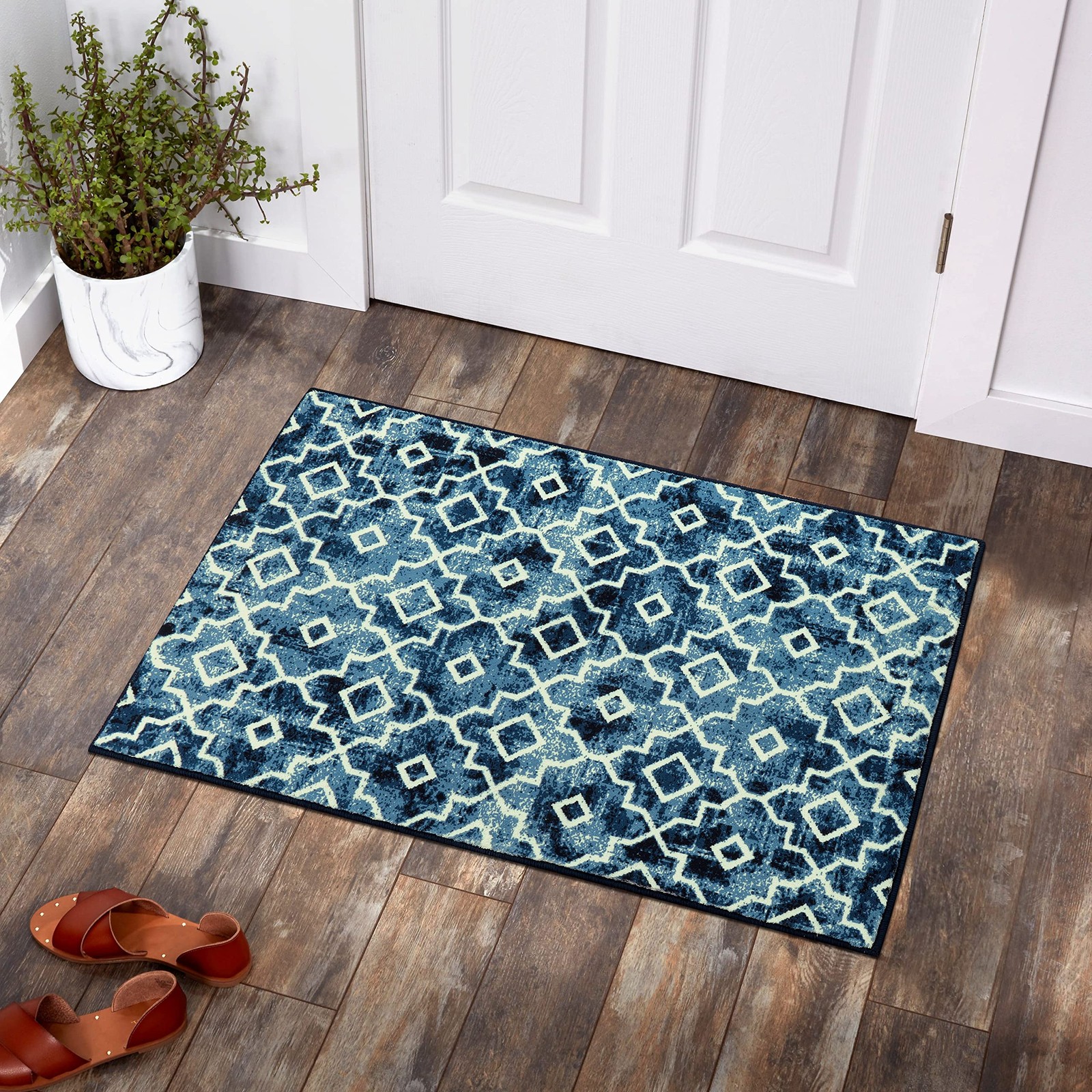 Moynesa Washable Moroccan Area Rug – 2×3 Small Blue Kitchen Bath Rug, Soft Non-S