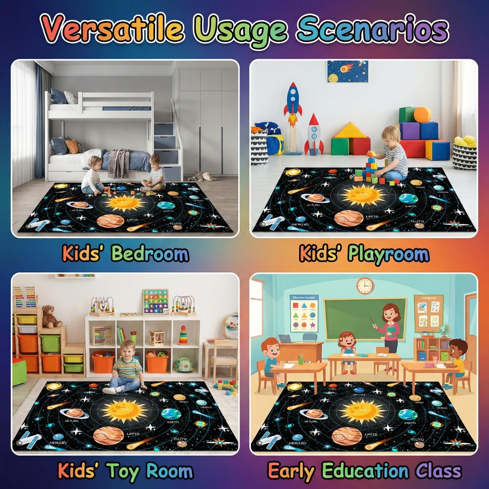 Space Rug Kids Playroom Carpet Educational Planet Solar System 2×3