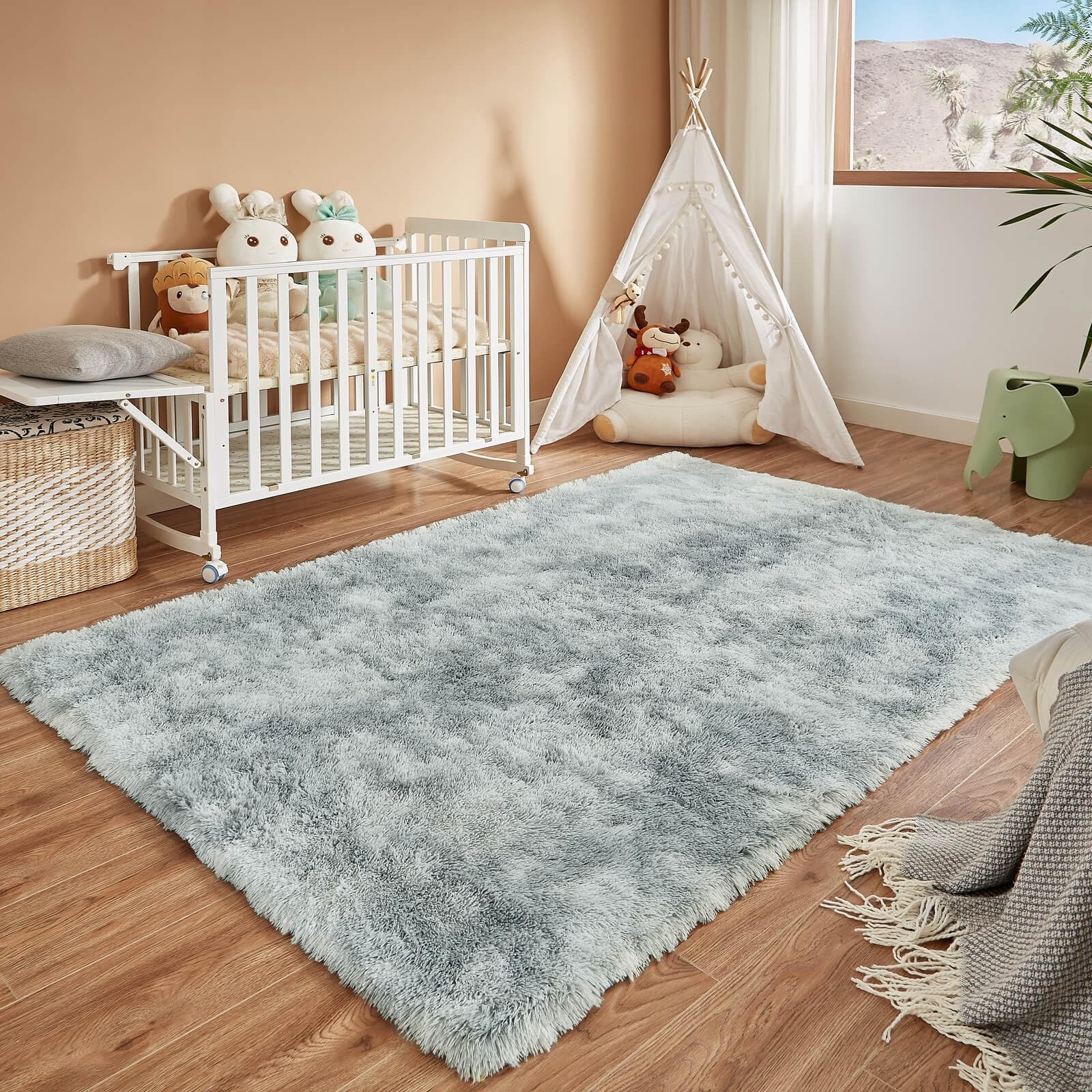 Floralux 4×6 Shag Rug, Tie-Dye Light Grey, Modern Fluffy Rugs for Bedroom, So…