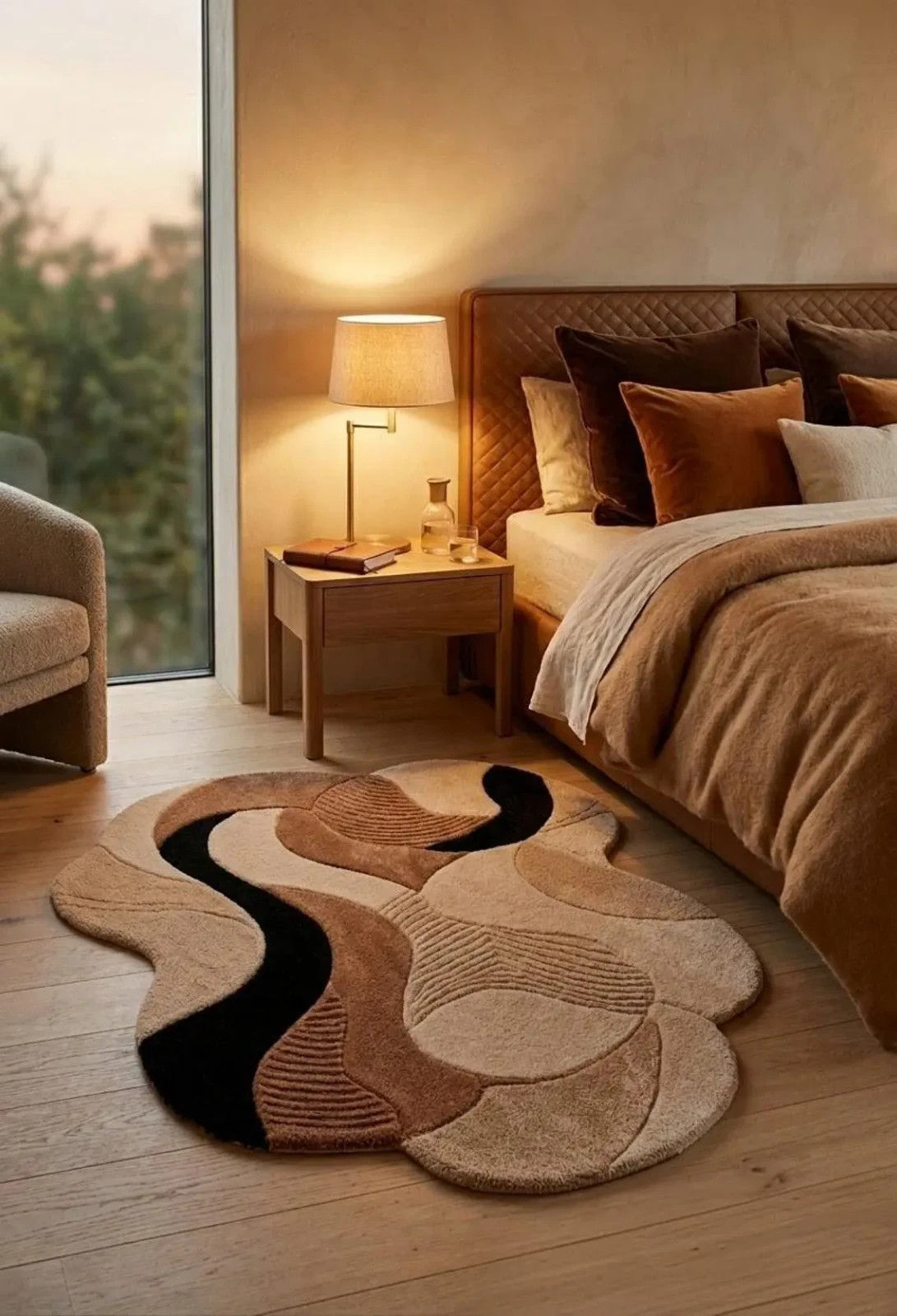 Hand-Tufted Wool Rug, Abstract Organic Shape Carpet, Neutral Earth Tones Boho