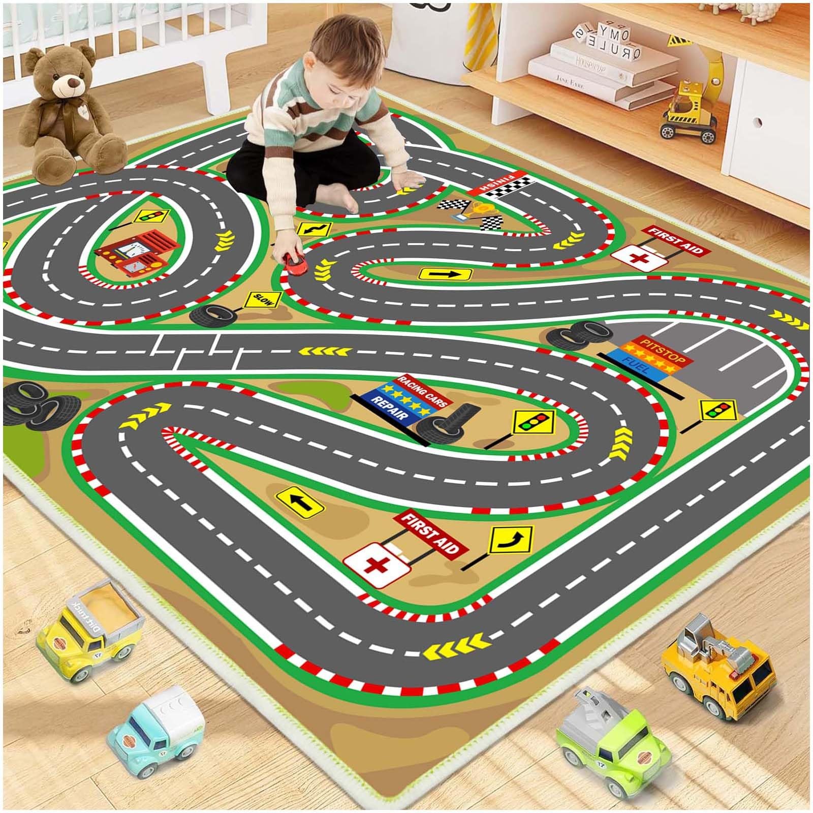 Kids Rug Race Track Play mat Playroom Car Rugs for 2.6×3.9ft, Race-green