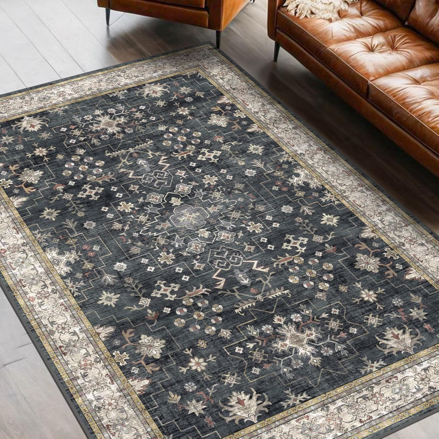 Black Boho Living Room Rug 5X7, Washable Dark Vintage Moody Low Pile Non Slip Ca