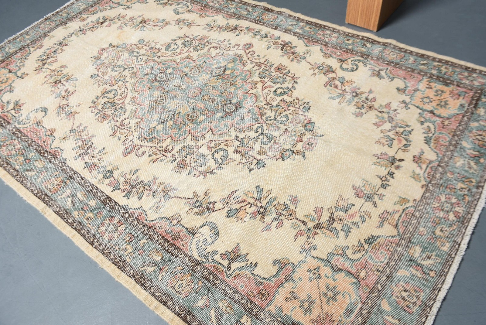 Turkish Vintage Rug, 6,1×9,5 ft Large Rug, Blue Brown Floral Wool Rug